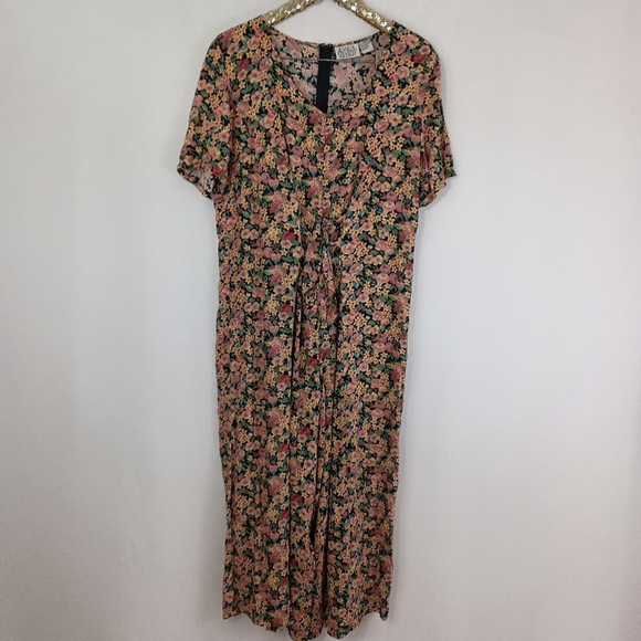 Vintage Pants - Vintage 90s Jessica Stevens Women's Colorful Black Floral Jumpsuit sz 16 Grunge